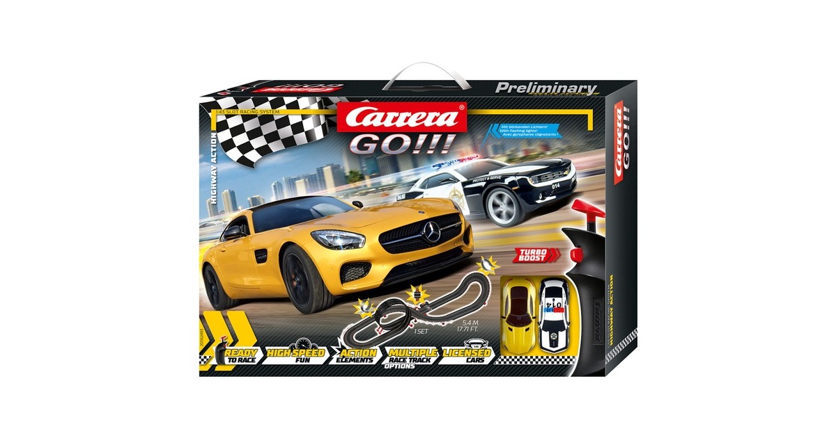 Carrera Highway Action Pista Para Vehiculos De Juguete Pistas De Carreras Carrera Negro Rojo Blanco Nino Nina 6 Ano S Chevrolet Camaro Zl1 Sheriff Mercedes Amg Gt Coupe Solarbeam Blanco Amarillo