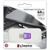 Kingston DataTraveler microDuo 3C unidad flash USB 64 GB USB Type-A / USB Type-C 3.2 Gen 1 (3.1 Gen 1) Púrpura, Acero inoxidable, Lápiz USB violeta/Transparente, 64 GB, USB Type-A / USB Type-C, 3.2 Gen 1 (3.1 Gen 1), 200 MB/s, Otro, Púrpura, Acero inoxidable