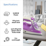 Braun FreeStyle 3 FI 3124 Plancha vapor-seco Suela de cerámica 2400 W Púrpura, Plancha a vapor violeta/blanco, Plancha vapor-seco, Suela de cerámica, 2 m, 160 g/min, Púrpura, 45 g/min