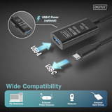 Digitus Cable de extensión USB 3.2 Gen 1 activo, conector USB-C > puerto USB-A, Cable alargador negro