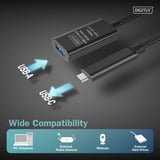 Digitus Cable de extensión activo USB 3.2 Gen 2, conector USB-C > puerto USB-A, Cable alargador negro