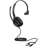 Jabra Evolve2 50 Auriculares Alámbrico Diadema Oficina/Centro de llamadas USB Type-C / USB Type-A Bluetooth Negro, Auriculares con micrófono negro, Alámbrico, 20 - 20000 Hz, Oficina/Centro de llamadas, 99 g, Auriculares, Negro