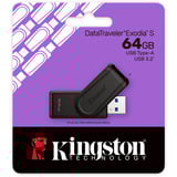 Kingston DataTraveler 64GB Portable USB 3.2 Gen 1 Exodia S (Black/Black), Lápiz USB negro, 64 GB, USB tipo A, 3.2 Gen 1 (3.1 Gen 1), Girar, 8,32 g, Negro