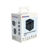 Verbatim 49543 adaptador de enchufe eléctrico Universal Negro, Enchufe del recorrido negro, Universal, Universal, Tipo A, Tipo B, Tipo C (Europlug), Tipo E (FR), Tipo F, Tipo G (RU), Tipo I (AU), Tipo J (CH),..., Tipo A, Tipo B, Tipo C, Tipo D (RU), Tipo E (FR), Tipo F, Tipo G (RU), Tipo H (IL), Tipo I (AU),..., 100 - 250 V, 50 - 60 Hz