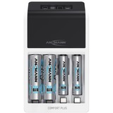 Ansmann Comfort Plus Universal Corriente alterna, Cargador blanco/Negro, Níquel-metal hidruro (NiMH), Sobrecarga, Sobrecalentamiento, 9V, AA, AAA