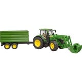 bruder John Deere 7R 350 con cargador frontal y remolque de transporte de eje tándem, Automóvil de construcción verde