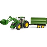 bruder John Deere 7R 350 con cargador frontal y remolque de transporte de eje tándem, Automóvil de construcción verde