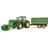 bruder John Deere 7R 350 con cargador frontal y remolque de transporte de eje tándem, Automóvil de construcción verde