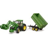 bruder John Deere 7R 350 con cargador frontal y remolque de transporte de eje tándem, Automóvil de construcción verde