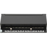 Digitus Panel de conexión de escritorio CAT 6A, clase EA, apantallado, Patch Panel negro, clase EA, apantallado, 10 Gigabit Ethernet, RJ-45, Negro, Acero galvanizado, SECC, Montaje en bastidor, 1U