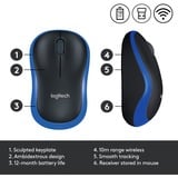 Logitech LGT-M185B Ratones, Ratón azul, Ambidextro, Óptico, RF inalámbrico, 1000 DPI, Negro, Azul, Minorista