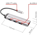 Verbatim Hub Multipuertos USB-C 4 puertos USB 3.2 Gen 1, Hub USB plateado, USB 3.2 Gen 1 (3.1 Gen 1) Type-C, USB 3.2 Gen 1 (3.1 Gen 1) Type-A, 5000 Mbit/s, Gris, Aluminio, Plástico, 0,15 m