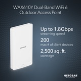 Netgear Insight Cloud Managed WiFi 6 AX1800 Dual Band Outdoor Access Point (WAX610Y) 1800 Mbit/s Blanco Energía sobre Ethernet (PoE), Punto de acceso blanco, 1800 Mbit/s, 600 Mbit/s, 1200 Mbit/s, 100,1000,2500 Mbit/s, IEEE 802.11ax, IEEE 802.3af, IEEE 802.3at, Multi User MIMO