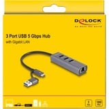 DeLOCK Hub USB 3 puertos 5 Gbps + LAN Gigabit con USB Type-C, Estación de acoplamiento gris