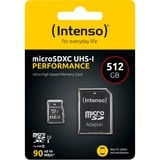 Intenso microSD 512GB UHS-I Perf CL10| Performance Clase 10, Tarjeta de memoria negro, 512 GB, MicroSD, Clase 10, UHS-I, Class 1 (U1), Resistente a golpes, Resistente a la temperatura, Resistente al agua, A prueba de rayos X