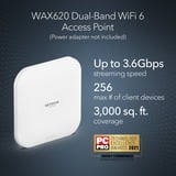 Netgear Insight Cloud Managed WiFi 6 AX3600 Dual Band Access Point (WAX620) 3600 Mbit/s Blanco Energía sobre Ethernet (PoE), Punto de acceso blanco, 3600 Mbit/s, 1200 Mbit/s, 2400 Mbit/s, 100,1000,2500 Mbit/s, IEEE 802.11ax, IEEE 802.11i, IEEE 802.3af, IEEE 802.3at, Multi User MIMO