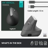 Logitech MX Vertical, Ratón negro/Plateado, mano derecha, Óptico, RF Wireless + Bluetooth, 4000 DPI, Grafito
