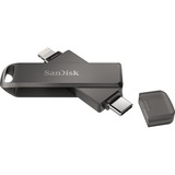 SanDisk iXpand unidad flash USB 256 GB USB Type-C / Lightning 3.2 Gen 1 (3.1 Gen 1) Negro, Lápiz USB negro, 256 GB, USB Type-C / Lightning, 3.2 Gen 1 (3.1 Gen 1), Girar, Protección mediante contraseña, Negro