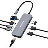 Verbatim CMH-09 USB Tipo C 10000 Mbit/s Plata, Estación de acoplamiento gris, USB Tipo C, HDMI, RJ-45, USB 3.2 Gen 1 (3.1 Gen 1) Type-A, USB 3.2 Gen 2 (3.1 Gen 2) Type-A, USB 3.2 Gen 2..., MicroSD (TransFlash), SD, 10000 Mbit/s, 60 Hz, Plata