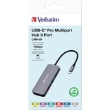 Verbatim CMH-09 USB Tipo C 10000 Mbit/s Plata, Estación de acoplamiento gris, USB Tipo C, HDMI, RJ-45, USB 3.2 Gen 1 (3.1 Gen 1) Type-A, USB 3.2 Gen 2 (3.1 Gen 2) Type-A, USB 3.2 Gen 2..., MicroSD (TransFlash), SD, 10000 Mbit/s, 60 Hz, Plata
