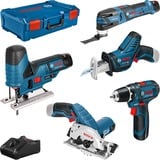 Bosch Set de herramientas de 12 voltios de 5 piezas, GSR + GOP + GKS + GSA + GST, Kit de herramientas azul