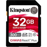 Kingston 32GB Canvas React Plus SDHC UHS-II 300R/260W U3 V90 for Full HD/4K/8K, Tarjeta de memoria negro, 32 GB, SD, Clase 10, UHS-II, 300 MB/s, 260 MB/s