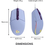 Logitech G203 LIGHTSYNC ratón USB tipo A 8000 DPI, Ratones para gaming lila, USB tipo A, 8000 DPI, 1 ms, Lila