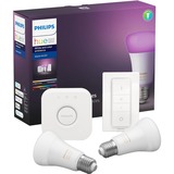 Philips Hue Kit de inicio: 2 bombillas inteligentes E27 (1100) + regulador de intensidad, Luz de LED blanco, Philips Hue White and Color ambiance Kit de inicio: 2 bombillas inteligentes E27 (1100) + regulador de intensidad, Kit de iluminación inteligente, Blanco, Bluetooth/Zigbee, LED integrado, E27, 2000 K