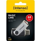 Intenso Basic Line unidad flash USB 64 GB USB tipo A 2.0 Negro, Plata, Lápiz USB plateado/Negro, 64 GB, USB tipo A, 2.0, 28 MB/s, Girar, Negro, Plata