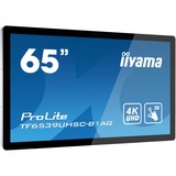 iiyama TF6539UHSC-B1AG pizarra y accesorios interactivos 165,1 cm (65") 3840 x 2160 Pixeles Pantalla táctil Negro USB, Pantalla de gran formato negro, 165,1 cm (65"), 1430,9 x 806 mm, 500 cd / m², 16,78 millones de colores, 3840 x 2160 Pixeles, 4K Ultra HD