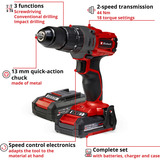 EINHELL Taladro atornillador de impacto Power X-Change TE-CD 18/2 Li-i +64, 18 Voltios, Martillo atornillador rojo/Negro