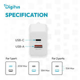 Digitus Cargador USB 20W, 1x USB-C, 1x USB-A blanco