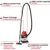 Einhell TC-VC 18/20 Li S-Solo Negro, Gris, Rojo 20 L, Aspiradora en húmedo y en seco rojo/Plateado, Seca y húmeda, Negro, Gris, Rojo, 20 L, 8 kPa, 1,5 m, 3,6 cm