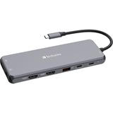 Verbatim CMH-13 USB Tipo C 10000 Mbit/s Plata, Estación de acoplamiento gris, USB Tipo C, 3ˌ5mm, DisplayPort, HDMI, RJ-45, USB 2.0, USB 3.2 Gen 1 (3.1 Gen 1) Type-A, USB 3.2 Gen 2 (3.1..., 10000 Mbit/s, 30 Hz, Plata, Acrilonitrilo butadieno estireno (ABS), Aluminio