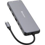 Verbatim CMH-13 USB Tipo C 10000 Mbit/s Plata, Estación de acoplamiento gris, USB Tipo C, 3ˌ5mm, DisplayPort, HDMI, RJ-45, USB 2.0, USB 3.2 Gen 1 (3.1 Gen 1) Type-A, USB 3.2 Gen 2 (3.1..., 10000 Mbit/s, 30 Hz, Plata, Acrilonitrilo butadieno estireno (ABS), Aluminio