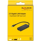 DeLOCK 63826 hub de interfaz USB 3.2 Gen 1 (3.1 Gen 1) Type-C 1000 Mbit/s Negro, Adaptador negro, USB 3.2 Gen 1 (3.1 Gen 1) Type-C, RJ-45, 1000 Mbit/s, Negro, Actividad, Enlace, 0,15 m