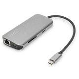 Digitus Estación de acoplamiento universal USB-C™, 8 puertos plateado, 8 puertos, USB 3.2 Gen 1 (3.1 Gen 1) Type-C, HDMI, RJ-45, USB 3.2 Gen 1 (3.1 Gen 1) Type-A, USB 3.2 Gen 1 (3.1 Gen 1) Type-C, MicroSD (TransFlash), SD, 5 Mbit/s, 3840 x 2160 Pixeles, Aluminio