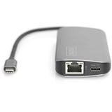 Digitus Estación de acoplamiento universal USB-C™, 8 puertos plateado, 8 puertos, USB 3.2 Gen 1 (3.1 Gen 1) Type-C, HDMI, RJ-45, USB 3.2 Gen 1 (3.1 Gen 1) Type-A, USB 3.2 Gen 1 (3.1 Gen 1) Type-C, MicroSD (TransFlash), SD, 5 Mbit/s, 3840 x 2160 Pixeles, Aluminio