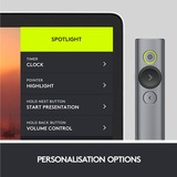 Logitech Spotlight apuntador inalámbricos Bluetooth/RF Gris, Presentador de pizarra, Bluetooth/RF, USB, 30 m, Gris