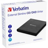 Verbatim External Slimline CD/DVD Writer unidad de disco óptico DVD±RW Negro, Regrabadora DVD negro, Negro, Bandeja, Horizontal, Portátil, DVD±RW, USB 2.0