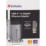 Verbatim USB 3.2 Gen 1, USB-C enchufe > RJ-45 toma de corriente, Adaptador plateado/Negro