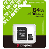 Kingston 64GB microSDXC Canvas Select Plus Gen3 100MB/s A1 (Incluye adaptador de SD), Tarjeta de memoria negro, 64 GB, MicroSDXC, Clase 10, UHS-I, 100 MB/s, Class 1 (U1)