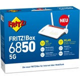 FRITZ! FRITZ!Box 6850 5G, Router WIRELESS LTE Box 6850 5G, Wi-Fi 5 (802.11ac), Doble banda (2,4 GHz / 5 GHz), Ethernet, 3G, Negro, Rojo, Blanco, Router de sobremesa