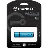 Kingston IronKey Vault Privacy 50 unidad flash USB 8 GB USB tipo A 3.2 Gen 1 (3.1 Gen 1) Azul, Lápiz USB celeste/Negro, 8 GB, USB tipo A, 3.2 Gen 1 (3.1 Gen 1), 250 MB/s, Tapa, Azul