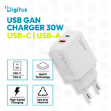 Digitus Cargador USB GaN 30W, 1x USB-C, 1x USB-A blanco