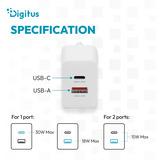 Digitus Cargador USB GaN 30W, 1x USB-C, 1x USB-A blanco