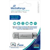 MediaRange MR935 unidad flash USB 16 GB USB Type-A / USB Type-C 3.2 Gen 1 (3.1 Gen 1) Plata, Lápiz USB plateado/Transparente, 16 GB, USB Type-A / USB Type-C, 3.2 Gen 1 (3.1 Gen 1), 70 MB/s, Tapa, Plata