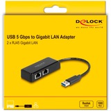 DeLOCK Adaptador USB Tipo-A a 2 x LAN Gigabit, Adaptador de red 