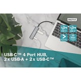 Digitus USB-C 4 puertos 2x USB A + 2x USB-C, Hub USB plateado