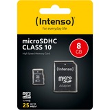Intenso 8GB MicroSDHC Clase 10, Tarjeta de memoria 8 GB, MicroSDHC, Clase 10, 25 MB/s, Resistente a golpes, Resistente a la temperatura, Resistente al agua, A prueba de rayos X, Negro